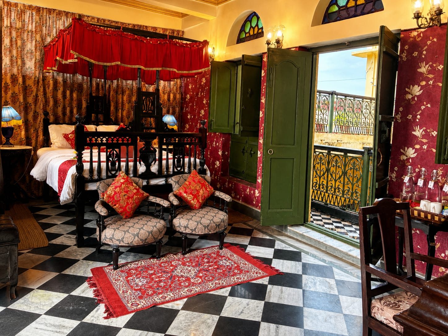 Heritage Room, red canopy bed with balcony