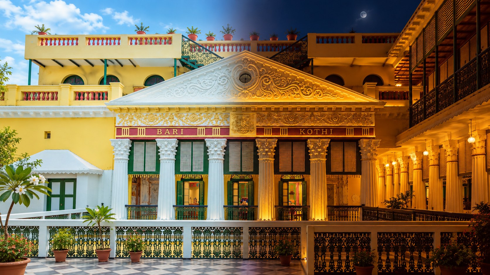 Bari Kothi's restored facade, day and night